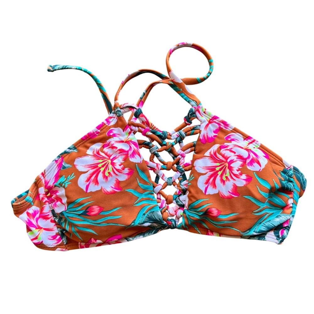 Xhilaration Womens Orange Floral Macrame High Neck Bikini Top Size M Boho Swim